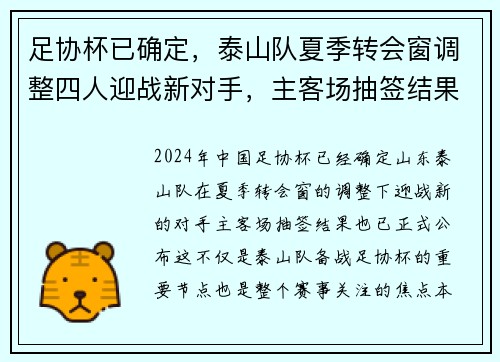 足协杯已确定，泰山队夏季转会窗调整四人迎战新对手，主客场抽签结果公布