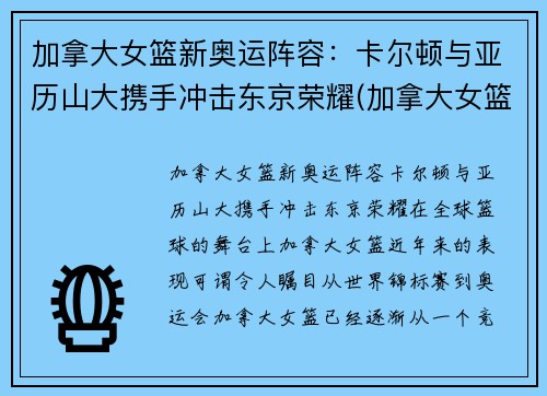 加拿大女篮新奥运阵容：卡尔顿与亚历山大携手冲击东京荣耀(加拿大女篮wnba)
