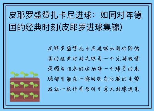 皮耶罗盛赞扎卡尼进球：如同对阵德国的经典时刻(皮耶罗进球集锦)