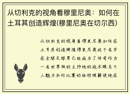 从切利克的视角看穆里尼奥：如何在土耳其创造辉煌(穆里尼奥在切尔西)