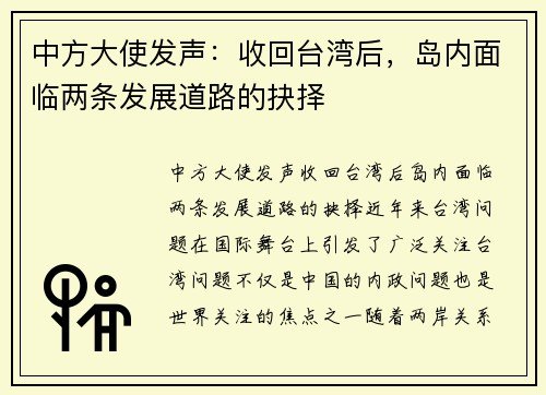 中方大使发声：收回台湾后，岛内面临两条发展道路的抉择