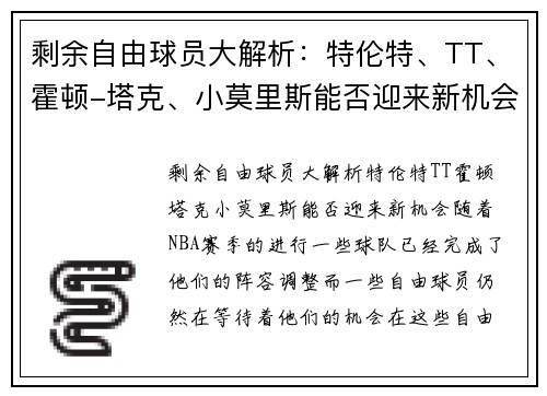 剩余自由球员大解析：特伦特、TT、霍顿-塔克、小莫里斯能否迎来新机会？
