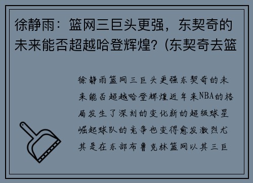 徐静雨：篮网三巨头更强，东契奇的未来能否超越哈登辉煌？(东契奇去篮网)