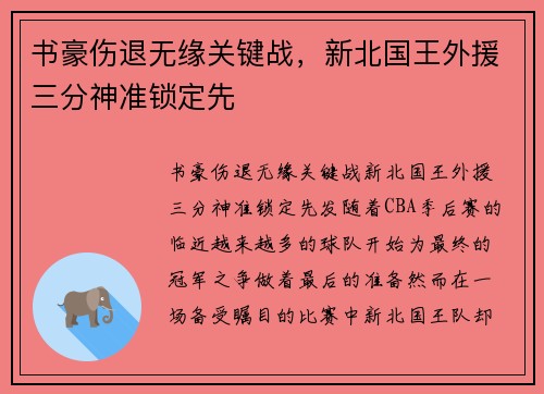 书豪伤退无缘关键战，新北国王外援三分神准锁定先